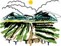 Sketch of landscape with vineyard, mountains on horizon and sun