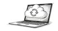 Sketch of a laptop displaying a cloud icon with refresh arrows symbolizing cloud computing and data synchronization Royalty Free Stock Photo