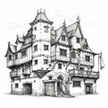 Medieval-inspired Renaissance Mansion Sketch With Comic Book Art Style Royalty Free Stock Photo