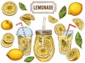 Sketch lemonade. Summer cold drinks, hand drawn yellow lemons slices and leaves. Glass of lemonade with ice vector illustration Royalty Free Stock Photo