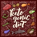 Sketch lettering with green keto diet doodle elements for concept design. Hand drawn illustration. Food for Ketogenic Royalty Free Stock Photo