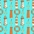 Sketch life bouy, lighthouse and anchor in vintage style Royalty Free Stock Photo