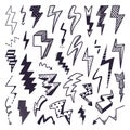 Sketch lightning. Thunder doodle, bolts electricity scribble elements. Isolated light or speed doodles graphic design