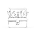 Sketch line art illustration of an open toolbox containing wrenches, screwdriver, and hand tools Royalty Free Stock Photo