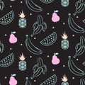 Sketch line fruit salad seamless black pattern.