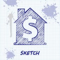 Sketch line House with dollar symbol icon isolated on white background. Home and money. Real estate concept. Vector Royalty Free Stock Photo