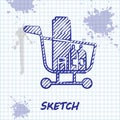 Sketch line Shopping cart and food icon isolated on white background. Food store, supermarket. Vector Illustration Royalty Free Stock Photo