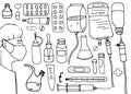 Sketch, linear drawing with medicines. Set of hospital items, pills, medical tools, equipment. Masked doctor. Doodle illustration Royalty Free Stock Photo