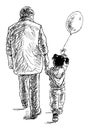 Sketch of little girl with air balloon and her grandfather strolling together