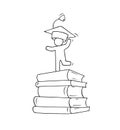 Sketch of little man celebrate graduation. Doodle cute miniature scene about end of college.