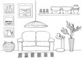 Sketch of living room cozy interior. Vector illustration