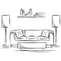 Sketch of a living room design with pair of lamps and a couch Vector