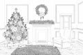 Sketch of the living room with a fireplace and Christmas tree with gifts. A cozy armchair with a coffee table next to the fireplac Royalty Free Stock Photo