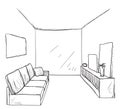 Sketch of living room interior with a sofa.