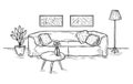 Sketch living room. Sofa, lamp and pictures on wall house furniture contemporary apartment drawing room interior sketch Royalty Free Stock Photo