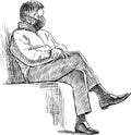 Sketch of lonely townsman in mask sitting in brooding outdoors Royalty Free Stock Photo