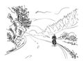 Sketch of long distance cyclist cycling on rural road, Hand drawn vector