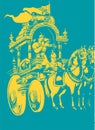 Sketch of Lord Krishna and Arjuna in a Horse Chariot and scenes of Kurukshetra War in the Hindu Epic Mahabharat editable outline Royalty Free Stock Photo