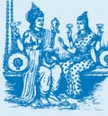 Sketch of Lord Vishnu and Goddess Lakshmi sitting together Editable Outline Illustration