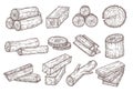 Sketch lumber. Wood logs, trunk and planks. Forestry construction materials hand drawn isolated vector set