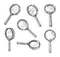 Sketch magnifying glass. Vintage old searching lens engraving, hand drawn antique magnifier vector illustration set