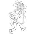 Sketch, a man carries in his hands a big box with a big bow and in it sits a woman, surprise, cartoon illustration, coloring, Royalty Free Stock Photo