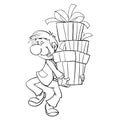 sketch, a man carries in his hands a lot of boxes with gifts, isolated object on a white background, cartoon illustration, vector Royalty Free Stock Photo