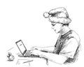 Sketch of man in christmas hat working with laptop computer at desk with christmas ball and note paper with pen, Hand drawn Royalty Free Stock Photo