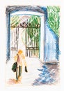 Sketch of man goes to gate of city park in summer