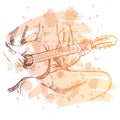 Sketch of man hands playing with guitar.