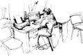 Sketch of a man in the office working on the computer