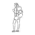 Sketch of man trekking with big backpack Hand drawn vector illustration