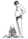 Sketch of father with his baby sunbathing on beach Royalty Free Stock Photo