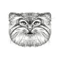 Sketch of Manul or Pallas cat head isolated on white background.