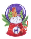 Sketch with markers cartoon children`s style close-up on a white background winter christmas snow globe with a gingerbread house Royalty Free Stock Photo