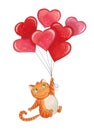 Sketch markers cat with balloons for Valentine`s day. Sketch don