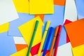 Sketch markers on the colorful paper background, paper board and empty space for text