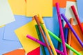 Sketch markers on the colorful paper background, paper board and empty space for text