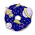 Sketch with markers illustration children`s cartoon style sweet food donut dessert blue color space theme planets and rockets on