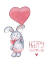 Sketch markers rabbit with balloon-heart on a white background.