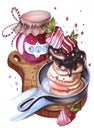 Sketch markers watercolor food breakfast cheesecakes and pancakes with chocolate covered strawberries with jam in a jar