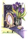 Sketch markers watercolor stylish decor mirror, perfume bottle and purple tulips on the bedside table Royalty Free Stock Photo