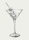 Sketch Martini Cocktails with Olives Vector Hand Drawn Illustration