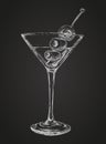 Sketch Martini Cocktails with Olives Vector Hand Drawn Illustration