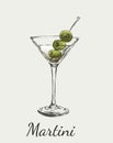 Sketch Martini Cocktails with Olives Vector Hand Drawn Illustration