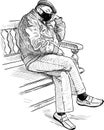 Sketch of a masked man resting on a park bench