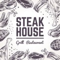 Sketch meat background. Grill food menu. Beef, pork and lamb barbecue and sausages. Vintage bbq meat hand drawn vector Royalty Free Stock Photo