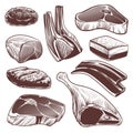 Sketch meat. Hand drawn fresh raw meat products collection, beef steak and ham, pork fillet and lamb chops menu retro Royalty Free Stock Photo