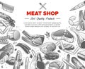 Sketch meat. Hand drawn meat organic products package design, beef and pork, sausage and lamb, ham and chicken, engraved