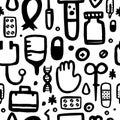 Sketch medical help seamless pattern with black medicine icons. Vector grunge design. Pharmacy doodle wallpaper